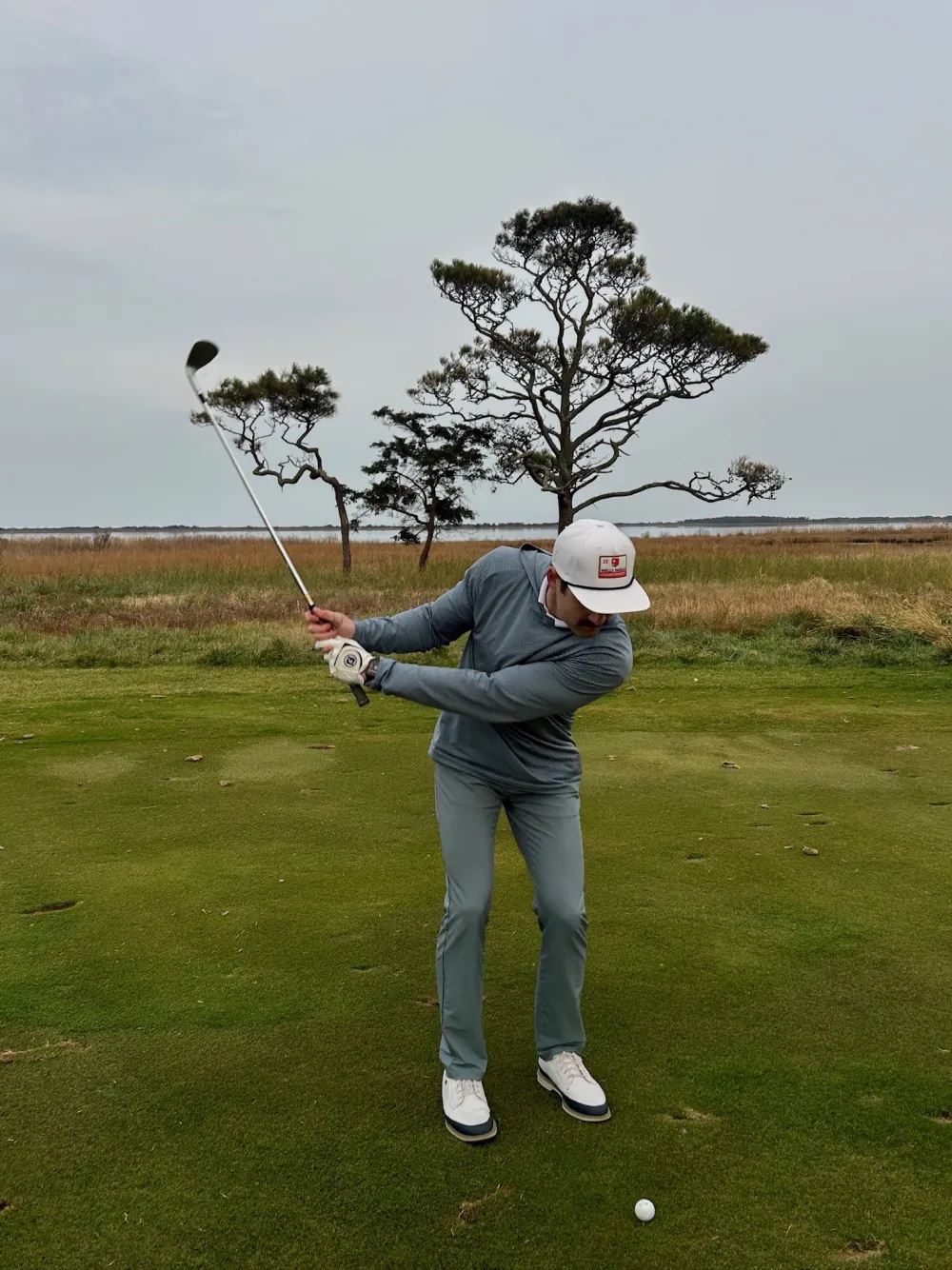 A swing let go into the marsh wind, lone tree on the horizon