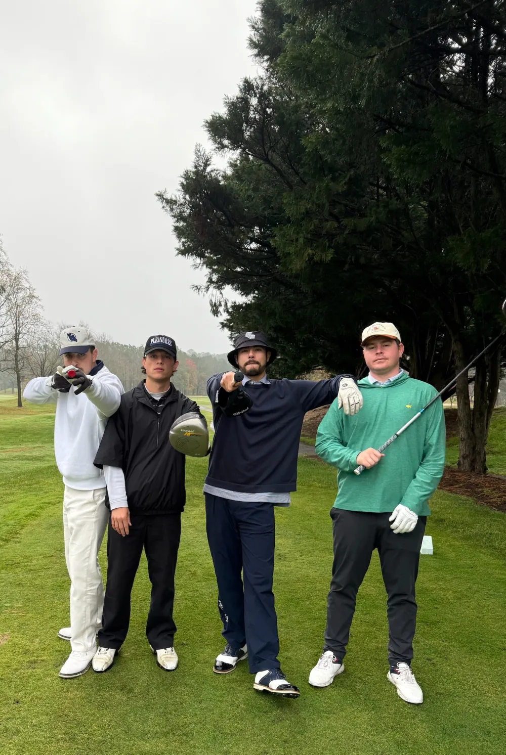 Foursome with clubs raised, fog hanging over the course